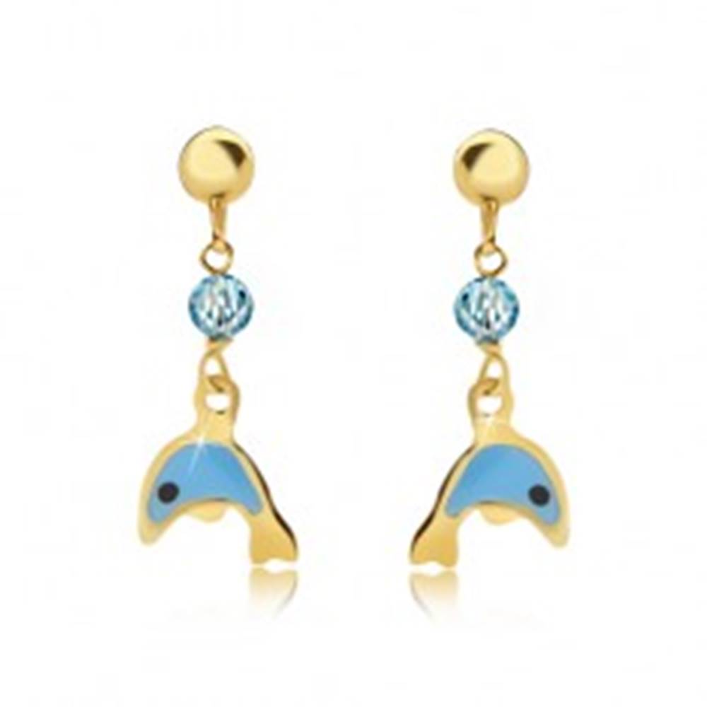 Šperky eshop Náušnice zo žltého 9K zlata - glazúrovaný modrý delfín, ligotavá gulička