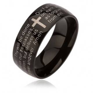 Čierny prsteň z ocele, kríž striebornej farby, modlitba Otčenáš - Veľkosť: 52 mm