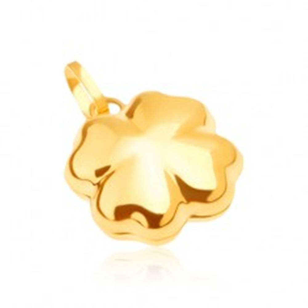 Šperky eshop Lesklý zlatý prívesok 585 - trojrozmerný štvorlístok pre šťastie