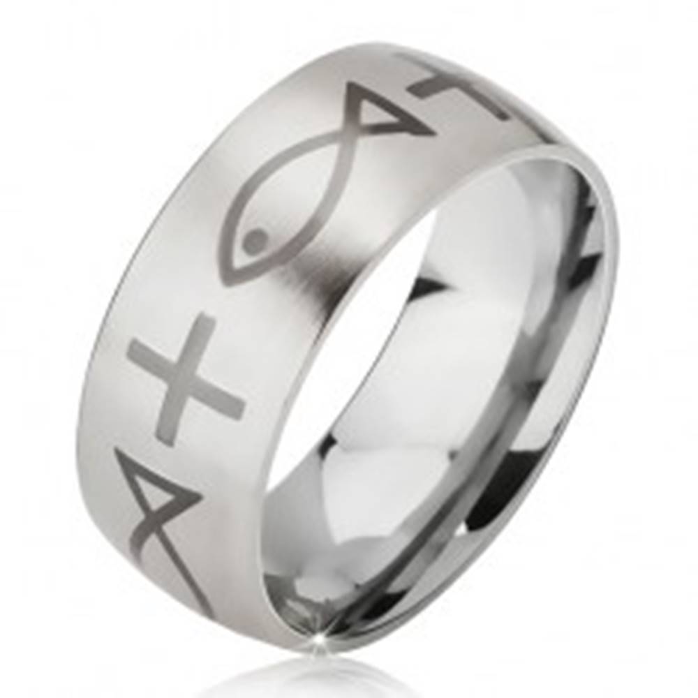 Šperky eshop Matný oceľový prsteň - obrúčka striebornej farby, potlač kríža a ryby - Veľkosť: 52 mm