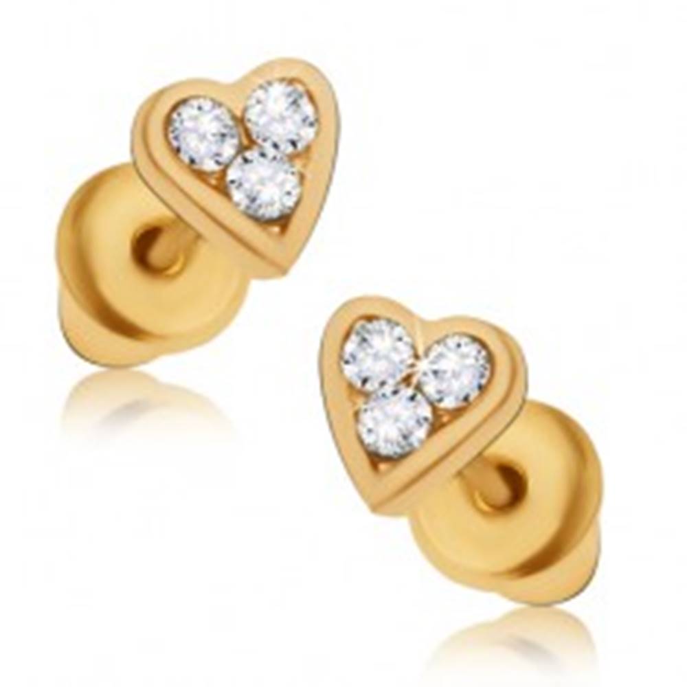 Šperky eshop Puzetové náušnice zlatej farby, malé súmerné srdcia so zirkónmi