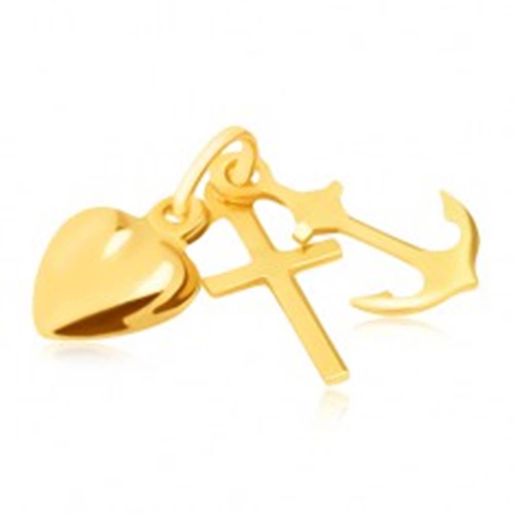Šperky eshop Trojprívesok v žltom 14K zlate - kotva, srdce a kríž, lesklé a hladké