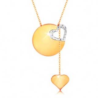 Zlatý náhrdelník 585 - jemná retiazka, lesklý plochý kruh, kontúra srdca z bieleho zlata