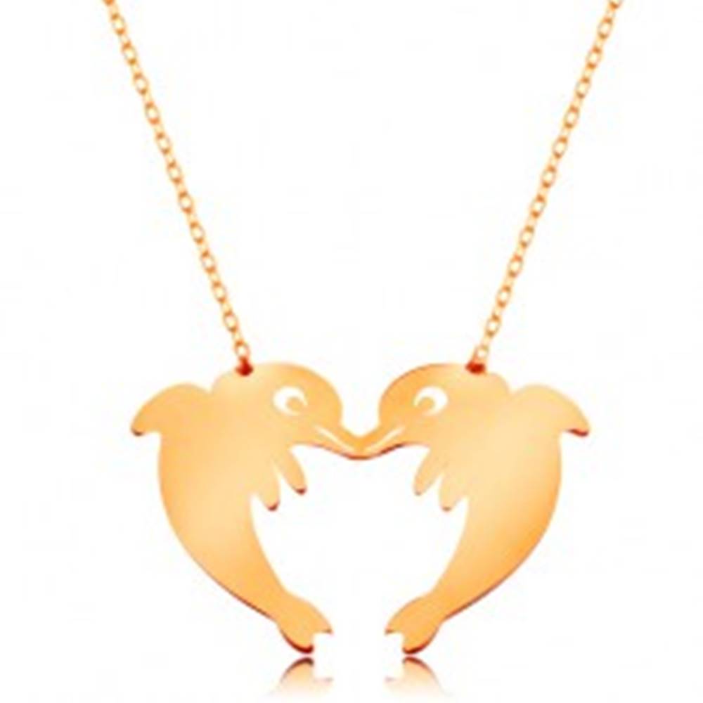Šperky eshop Zlatý 14K náhrdelník - jemná retiazka, dva delfíny tvoriace obrys srdca