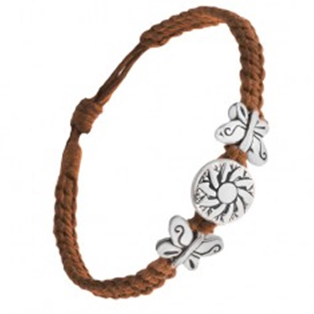 Šperky eshop Náramok z čokoládovohnedých šnúrok, motýle, známka s kvetom
