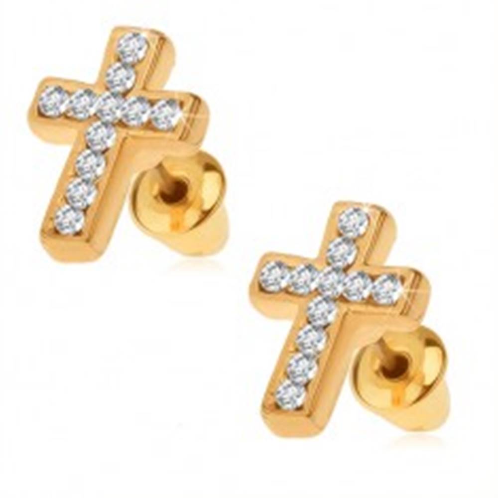 Šperky eshop Náušnice zlatej farby, latinský kríž s čírymi kamienkami