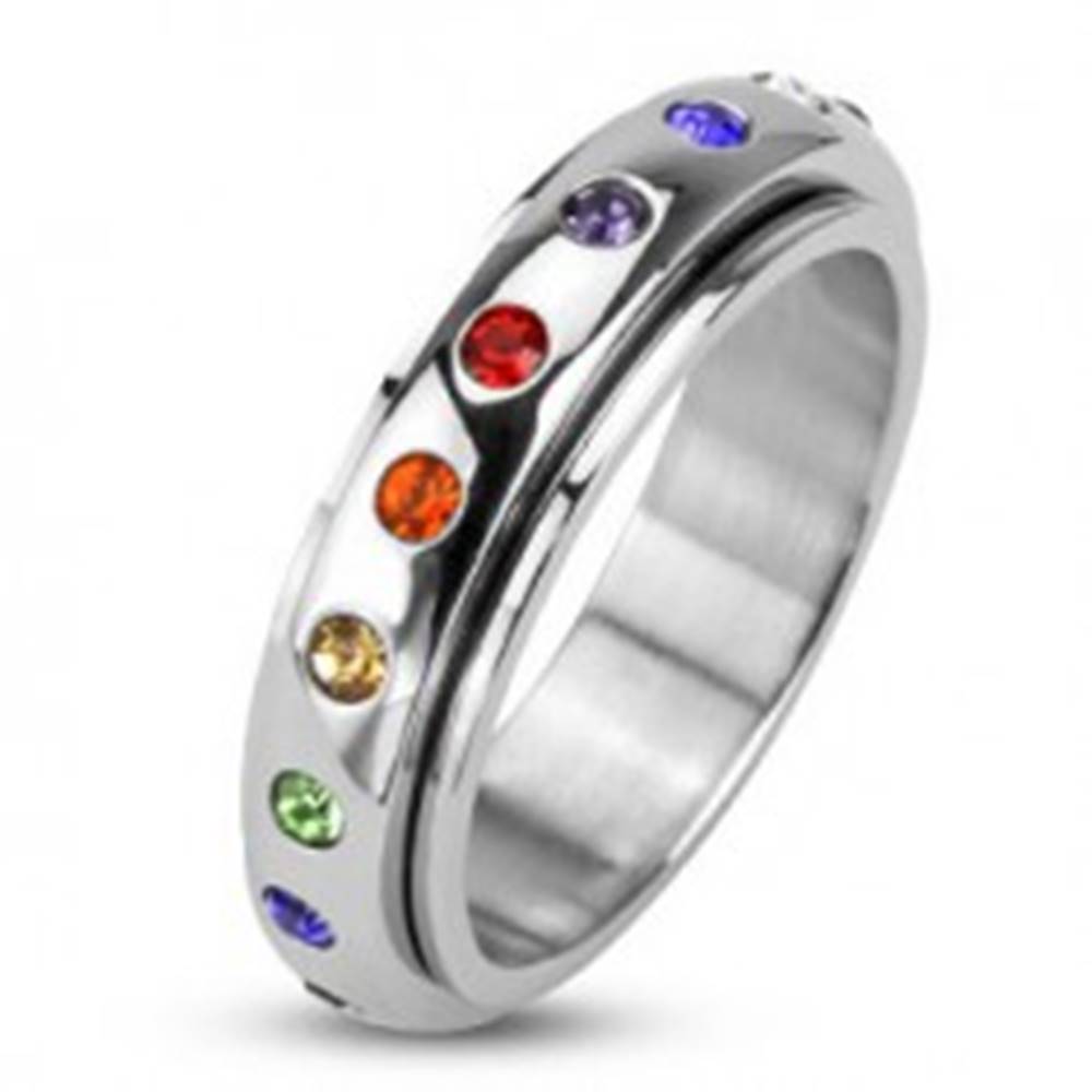 Šperky eshop Prsteň z ocele 316L, točiaca sa obruč s farebnými kamienkami - Veľkosť: 48 mm