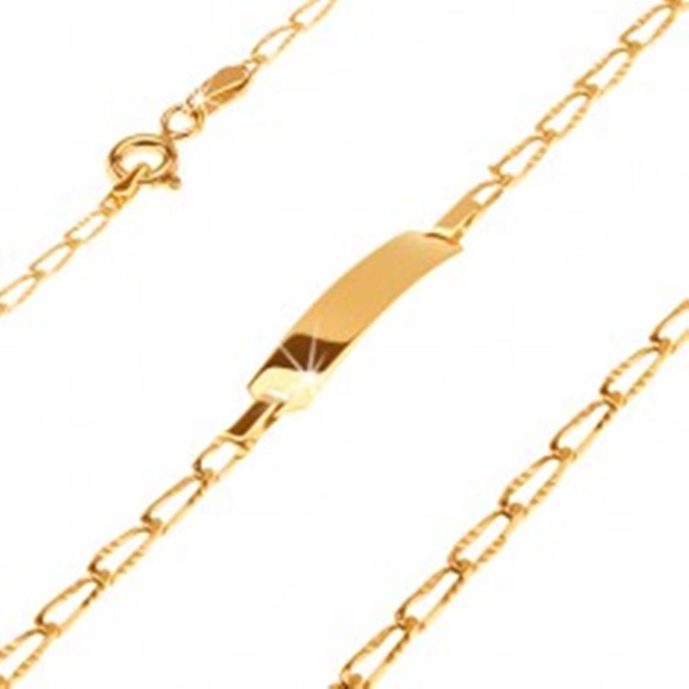 Šperky eshop Zlatý 14K náramok s lesklou platničkou - podlhovasté ryhované očká, 170 mm