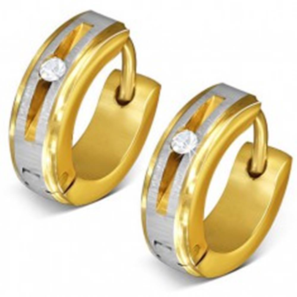Šperky eshop Oceľové náušnice zlatej farby - kruhy, saténový pás, okrúhly číry zirkón