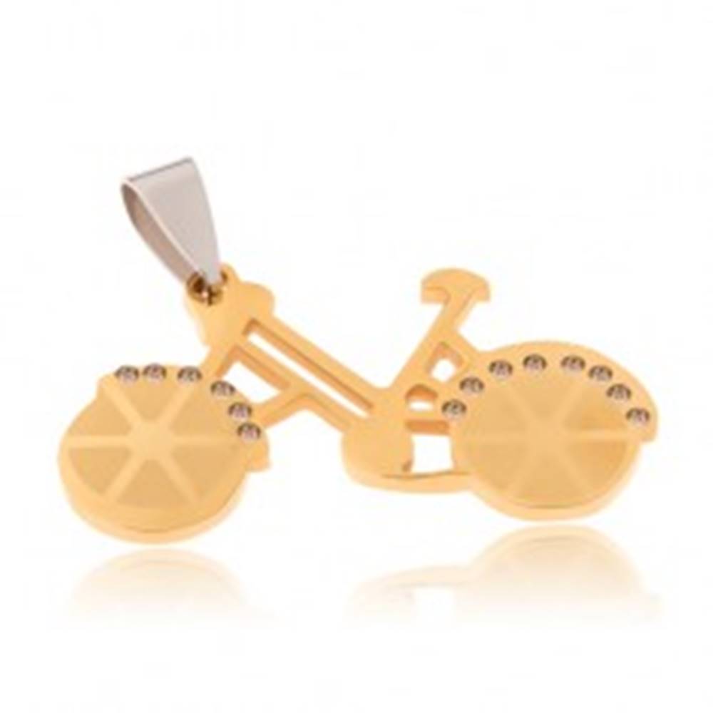 Šperky eshop Prívesok z chirurgickej ocele - bicykel zlatej farby, číre zirkóny