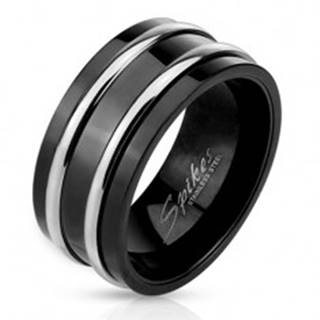 Oceľový prsteň čiernej farby - dve tenké lesklé obruče striebornej farby - Veľkosť: 60 mm