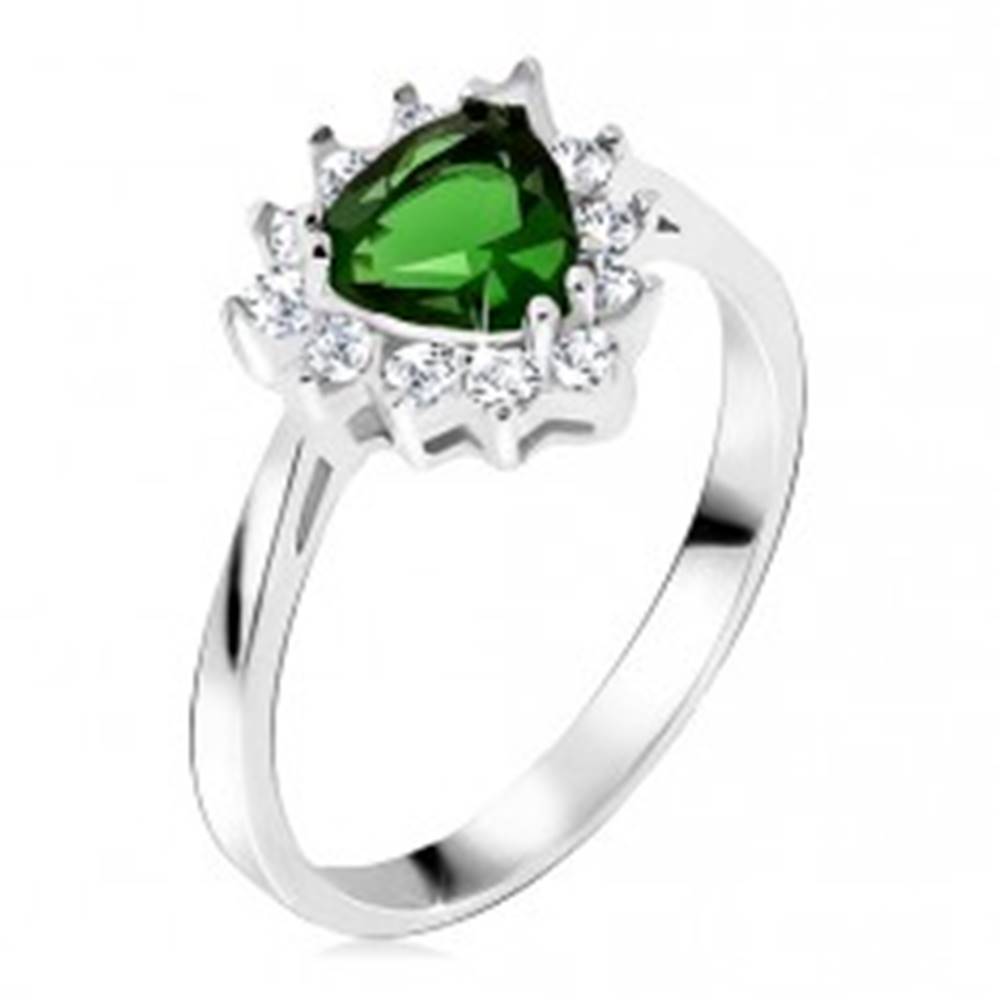 Šperky eshop Prsteň - striebro 925, trojuholníkový zelený kamienok, číre zirkóny - Veľkosť: 47 mm