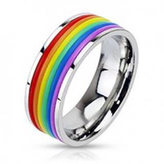 Lesklý oceľový prsteň s gumenými pásikmi vo farbách dúhy - Veľkosť: 49 mm