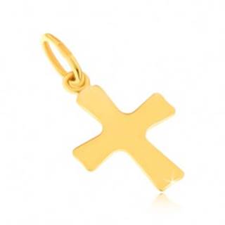 Lesklý prívesok zo žltého 14K zlata - plochý malý kríž, mierne sa rozširujúce ramená
