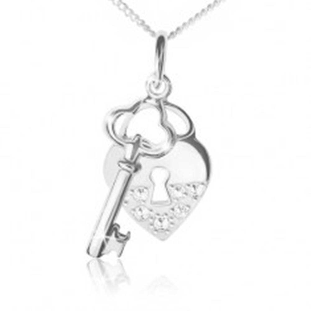 Šperky eshop Náhrdelník striebro 925, retiazka, srdcová zámka a kľúč, číre kamienky