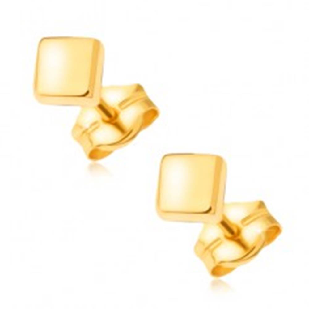 Šperky eshop Náušnice zo žltého 14K zlata - zrkadlovolesklé hladké štvorce, puzetky