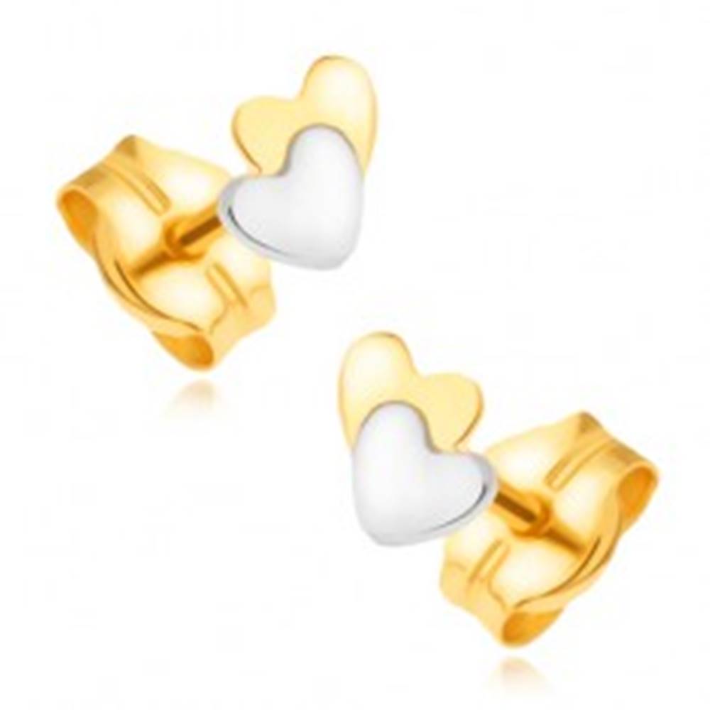 Šperky eshop Zlaté náušnice 585 - žlto-biela kombinácia, prekrývajúce sa srdcia