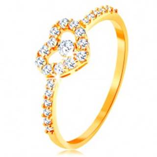 Zlatý prsteň 585 - zirkónové ramená, ligotavý číry obrys srdca so zirkónom - Veľkosť: 49 mm
