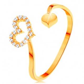 Zlatý prsteň 585 - zvlnené ramená ukončené obrysom srdca a plným srdiečkom - Veľkosť: 50 mm