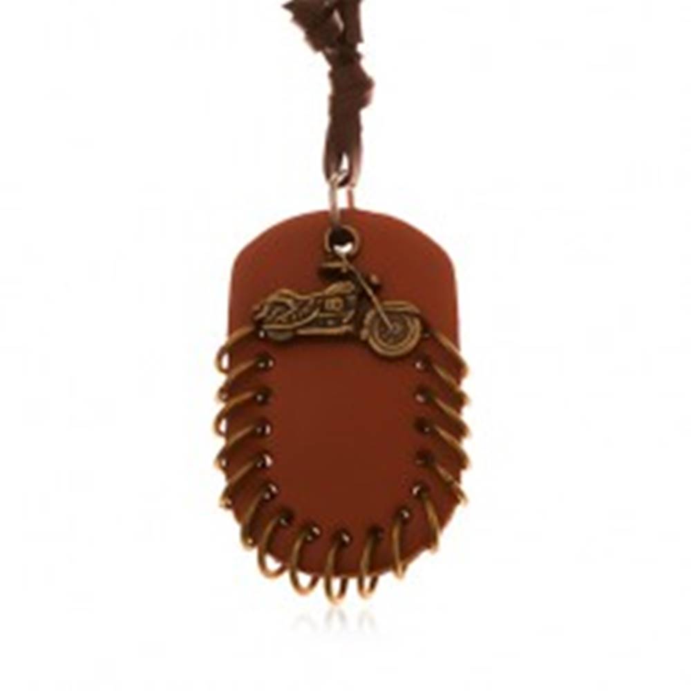 Šperky eshop Náhrdelník z umelej kože, prívesky - hnedý ovál s krúžkami a motorka