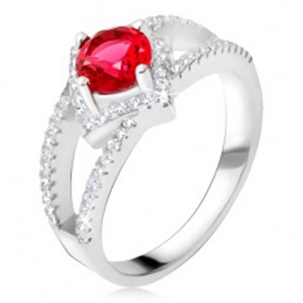 Šperky eshop Prsteň s rozdvojenými ramenami, červený kameň, štvorec, striebro 925 - Veľkosť: 48 mm
