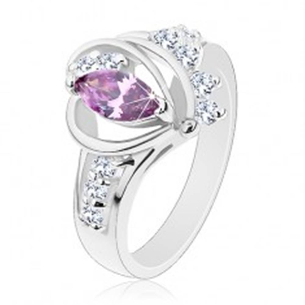 Šperky eshop Prsteň v striebornom odtieni, fialový zirkón, hladké oblúky, číre zirkóny - Veľkosť: 49 mm