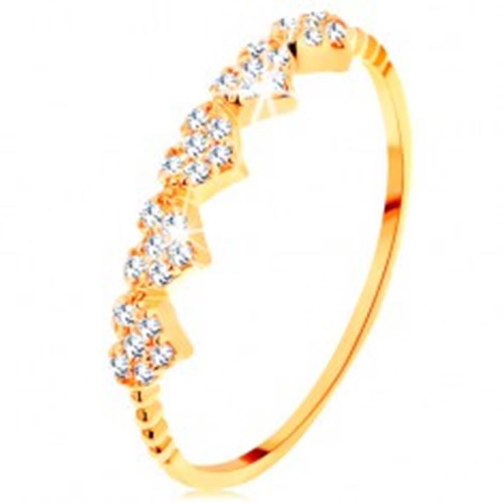 Šperky eshop Prsteň v žltom 14K zlate - malé ligotavé srdiečka, guličky na ramenách - Veľkosť: 49 mm