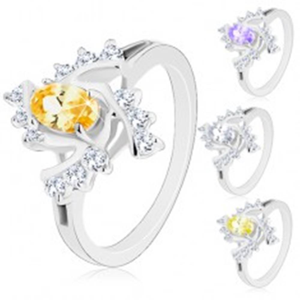 Šperky eshop Trblietavý prsteň s rozdelenými ramenami, farebný ovál, číre špirálovité línie - Veľkosť: 48 mm, Farba: Číra