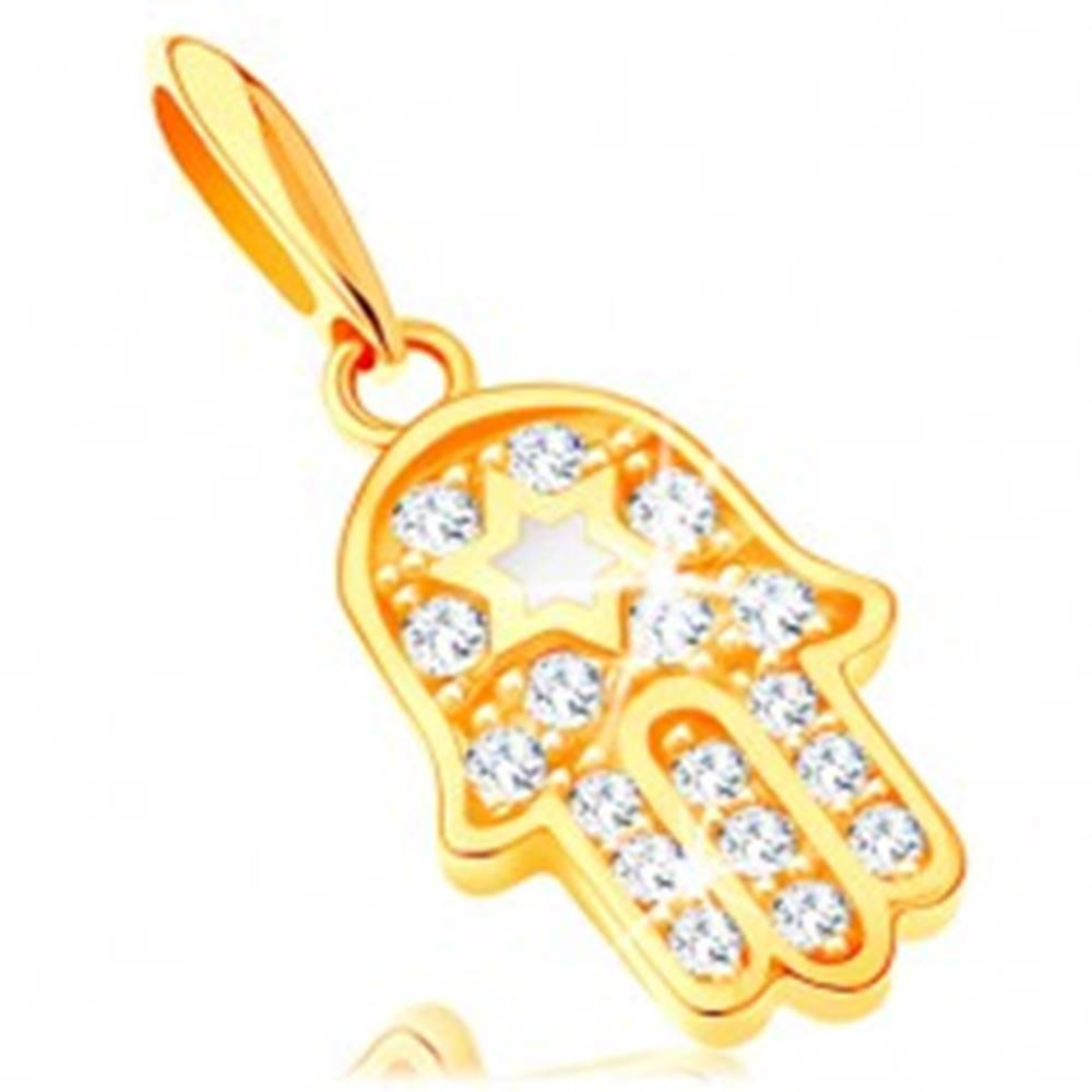 Šperky eshop Zlatý prívesok 585 - symbol Hamsa s čírymi zirkónmi a bielou hviezdou