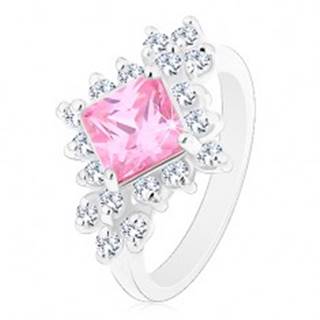 Ligotavý prsteň, ružový zirkónový štvorec lemovaný okrúhlymi čírymi zirkónmi - Veľkosť: 48 mm