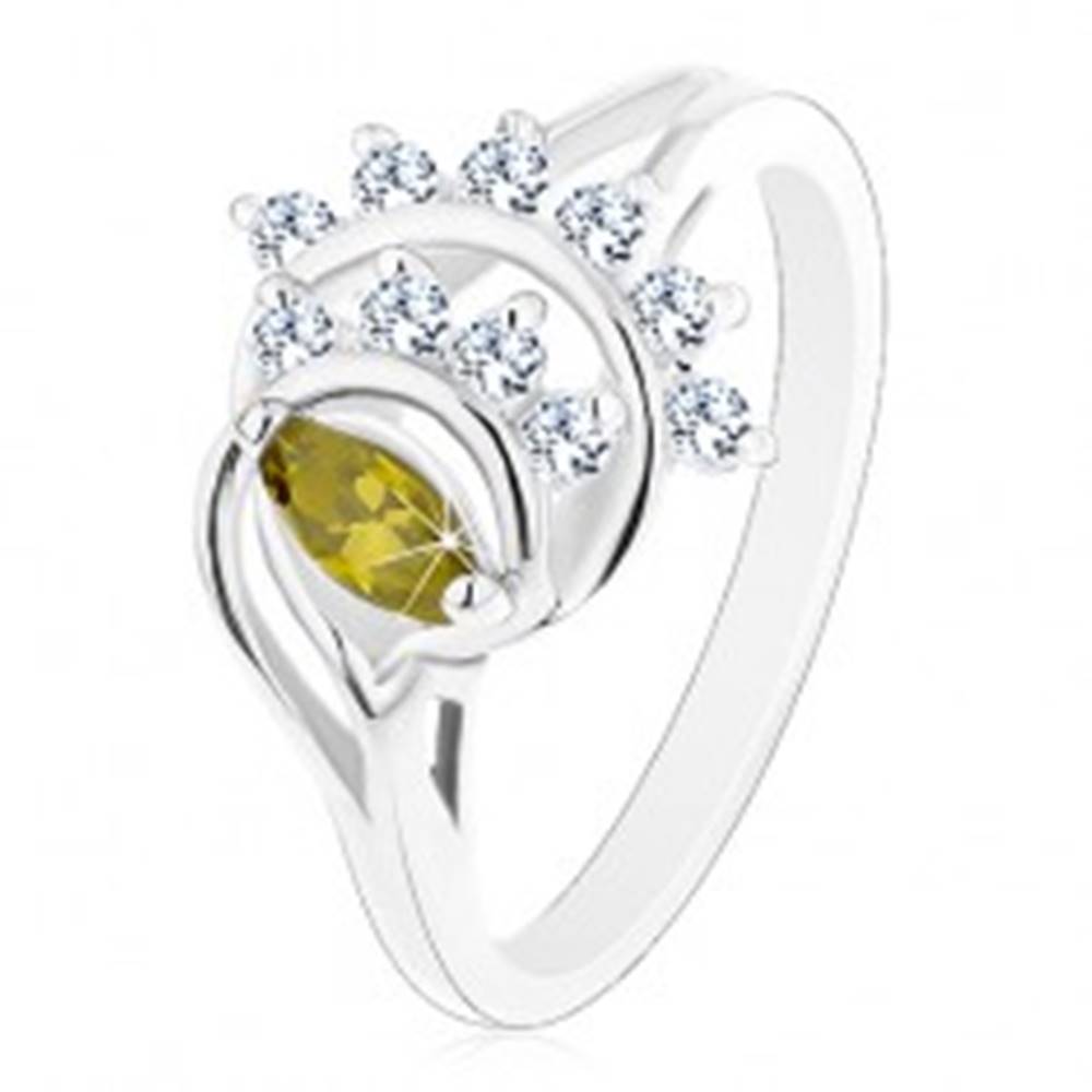 Šperky eshop Lesklý prsteň, oblúky lemované líniami čírych zirkónikov, zelené zrnko - Veľkosť: 49 mm