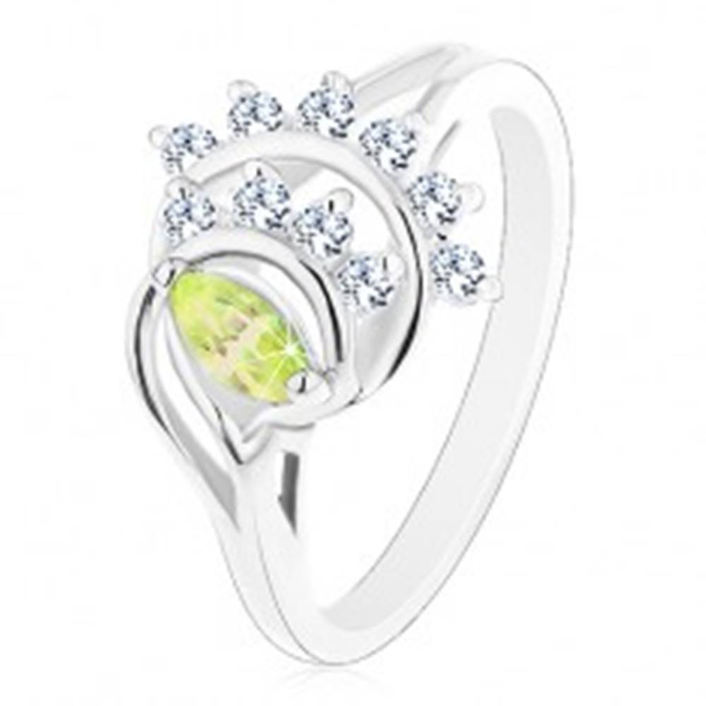 Šperky eshop Ligotavý prsteň, oblúky lemované líniami čírych zirkónikov, svetlozelené zrnko - Veľkosť: 52 mm
