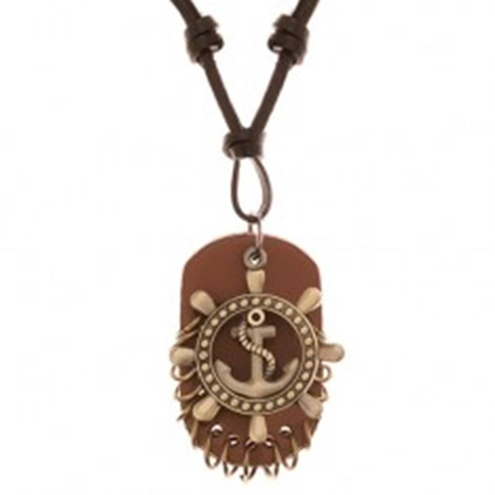 Šperky eshop Nastaviteľný kožený náhrdelník - kormidlo s kotvou, známka z kože