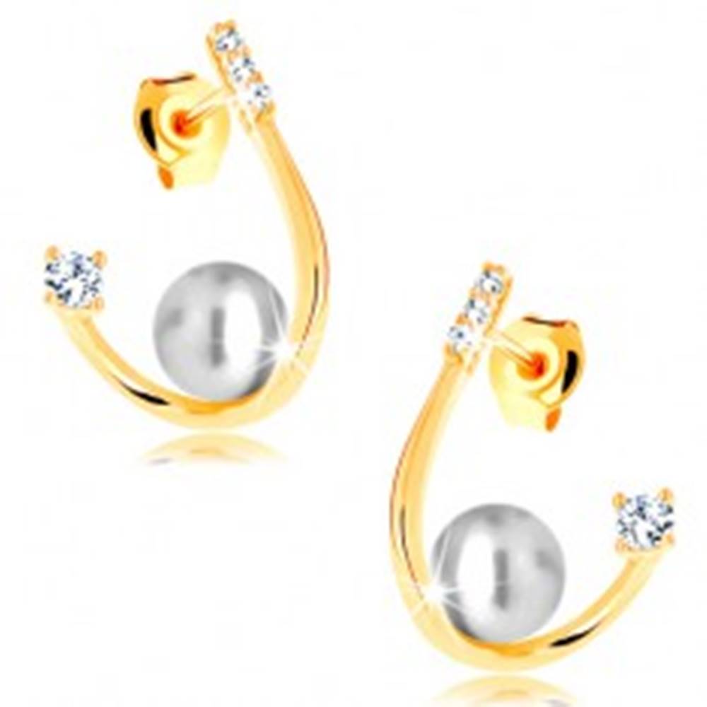 Šperky eshop Náušnice v žltom 14K zlate - oblá zahnutá línia, biela perla a zirkóny