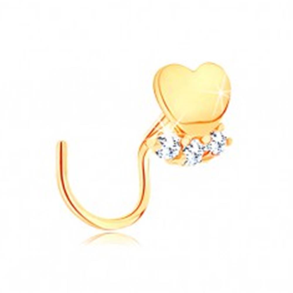 Šperky eshop Piercing do nosa zo žltého 14K zlata - lesklé srdiečko, línia čírych zirkónikov