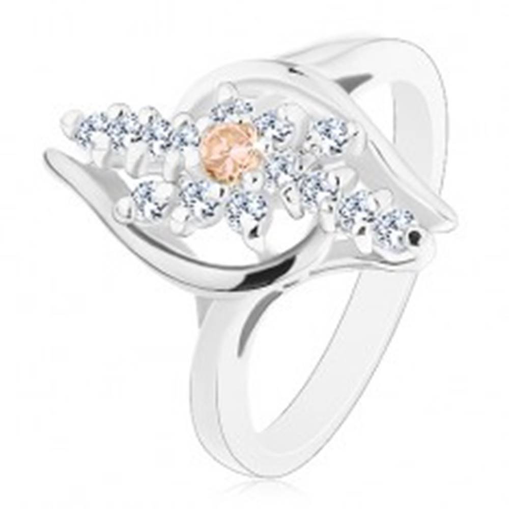 Šperky eshop Prsteň s lesklými ramenami, číre zirkónové línie, oranžový zirkónik v strede - Veľkosť: 48 mm