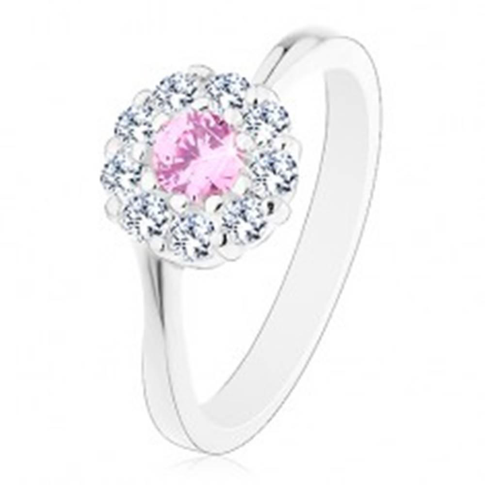Šperky eshop Prsteň v striebornej farbe, ružovo-číry zirkónový kvietok, lesklé ramená - Veľkosť: 51 mm
