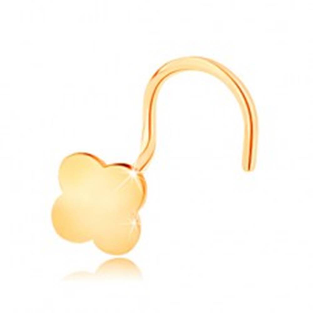 Šperky eshop Zahnutý piercing do nosa v žltom 14K zlate - malý štvorlístok pre šťastie