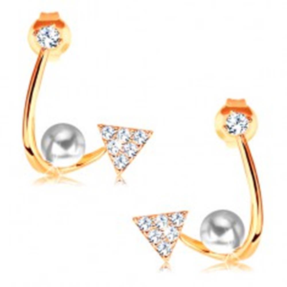 Šperky eshop Zlaté náušnice 585 - lesklá zahnutá línia, ligotavý trojuholník, perla a zirkón