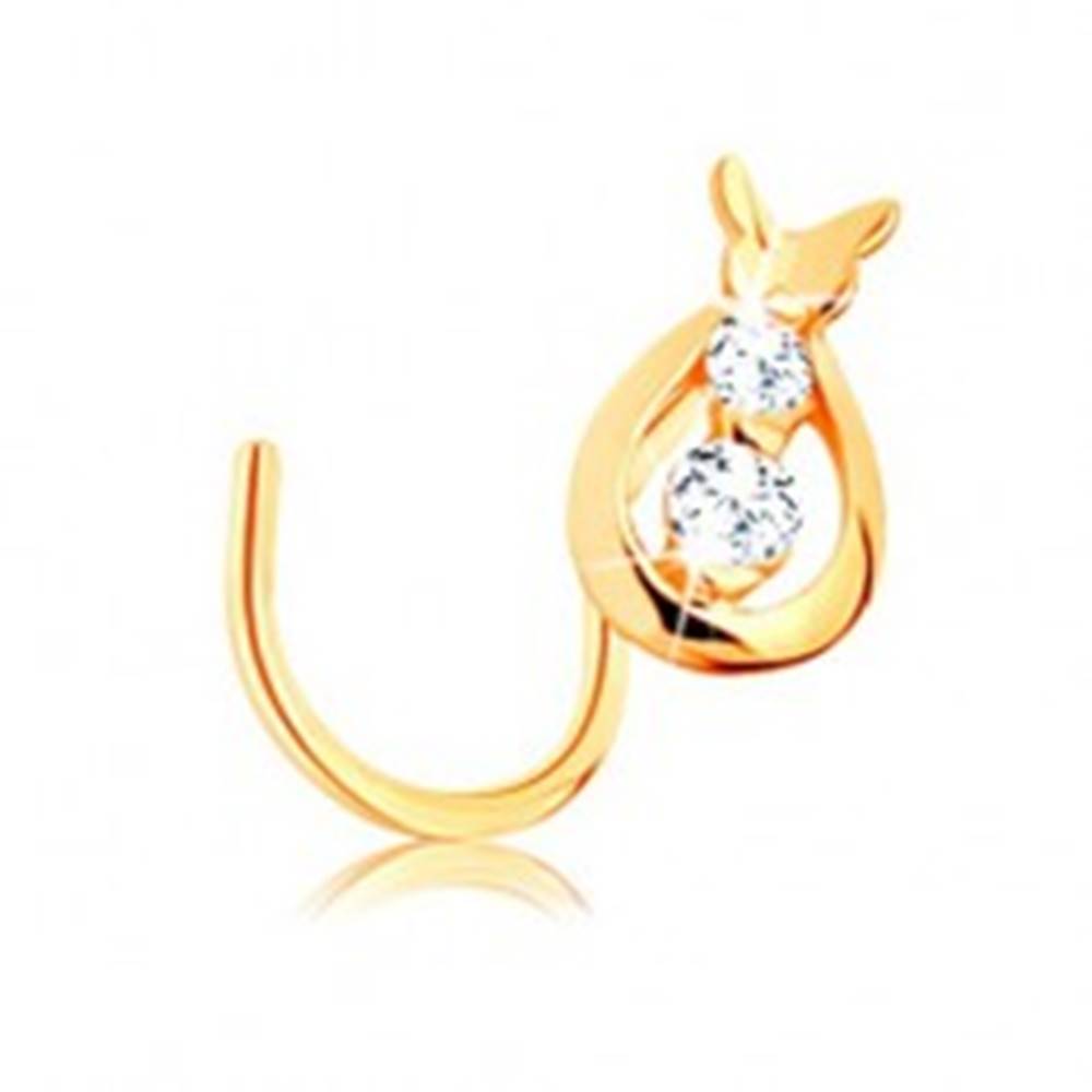 Šperky eshop Zlatý piercing 585, zahnutý - kvapka s čírymi zirkónmi a motýlik