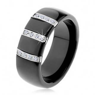 Čierny keramický prsteň s hladkým povrchom, tri oceľové pásy so zirkónmi - Veľkosť: 50 mm