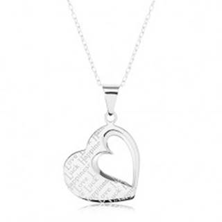 Strieborný náhrdelník 925, prívesok - ploché srdce s výrezom a nápismi