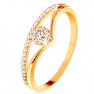 Zlatý prsteň 585 - rozdvojené zahnuté ramená, číra zirkónová kvapka - Veľkosť: 49 mm