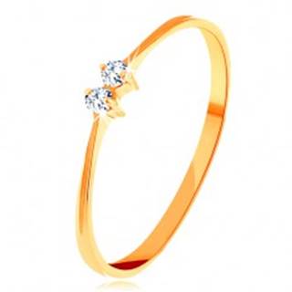 Zlatý prsteň 585 - tenké lesklé ramená, dva žiarivé zirkóniky čírej farby - Veľkosť: 50 mm