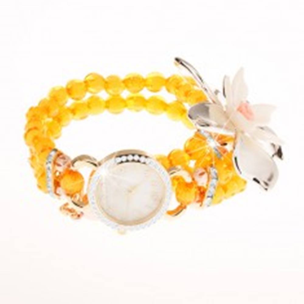 Šperky eshop Hodinky z priehľadných žltých korálok, ciferník so zirkónmi, veľký kvet