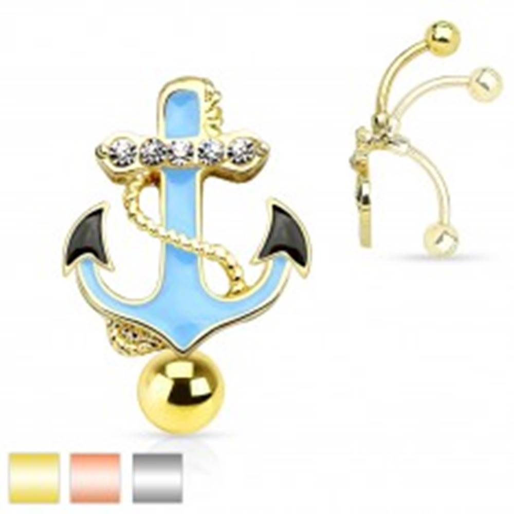 Šperky eshop Piercing do bruška z ocele 316L, modrá kotva s lanom a čírymi zirkónmi - Farba piercing: Medená
