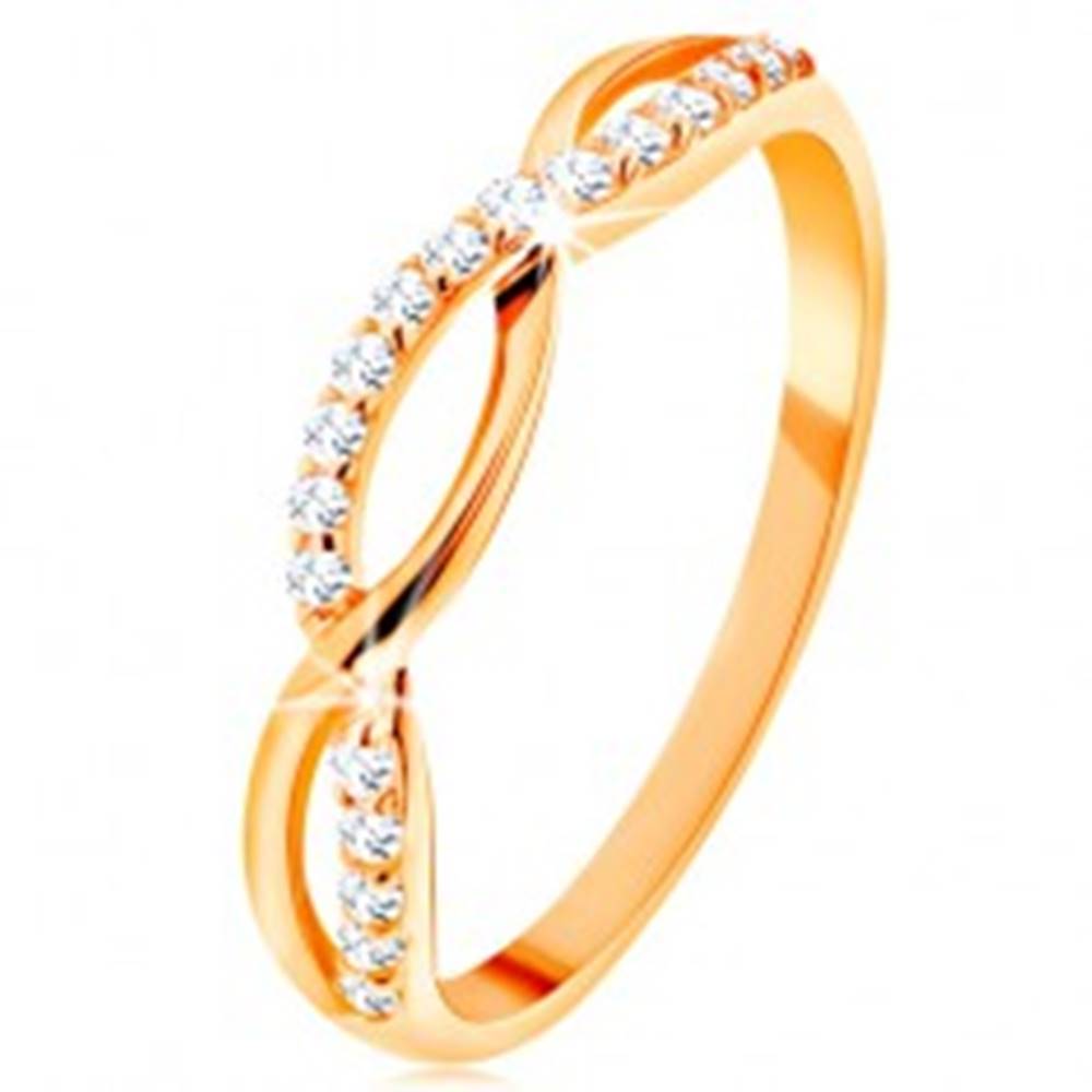 Šperky eshop Prsteň zo žltého 14K zlata - prepletené vlnky - hladká a zirkónová - Veľkosť: 49 mm