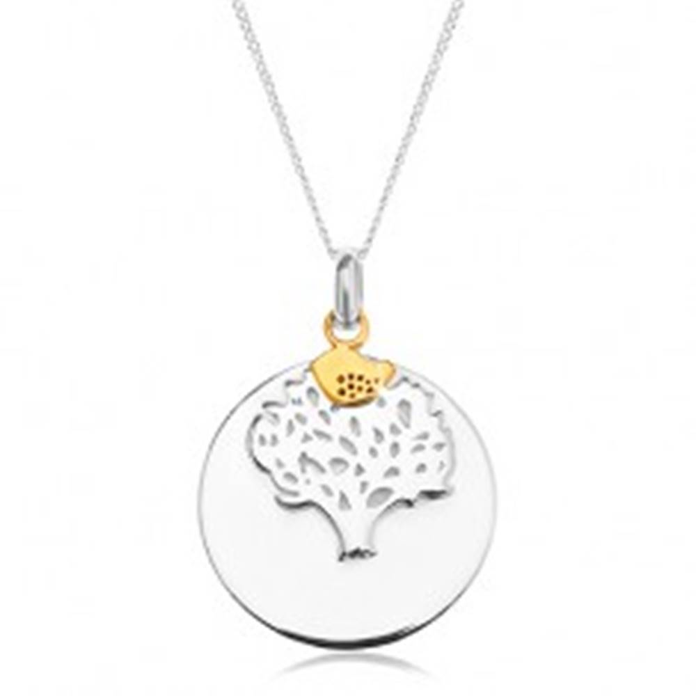 Šperky eshop Strieborný náhrdelník 925, okrúhla známka - strom života, vtáčik zlatej farby