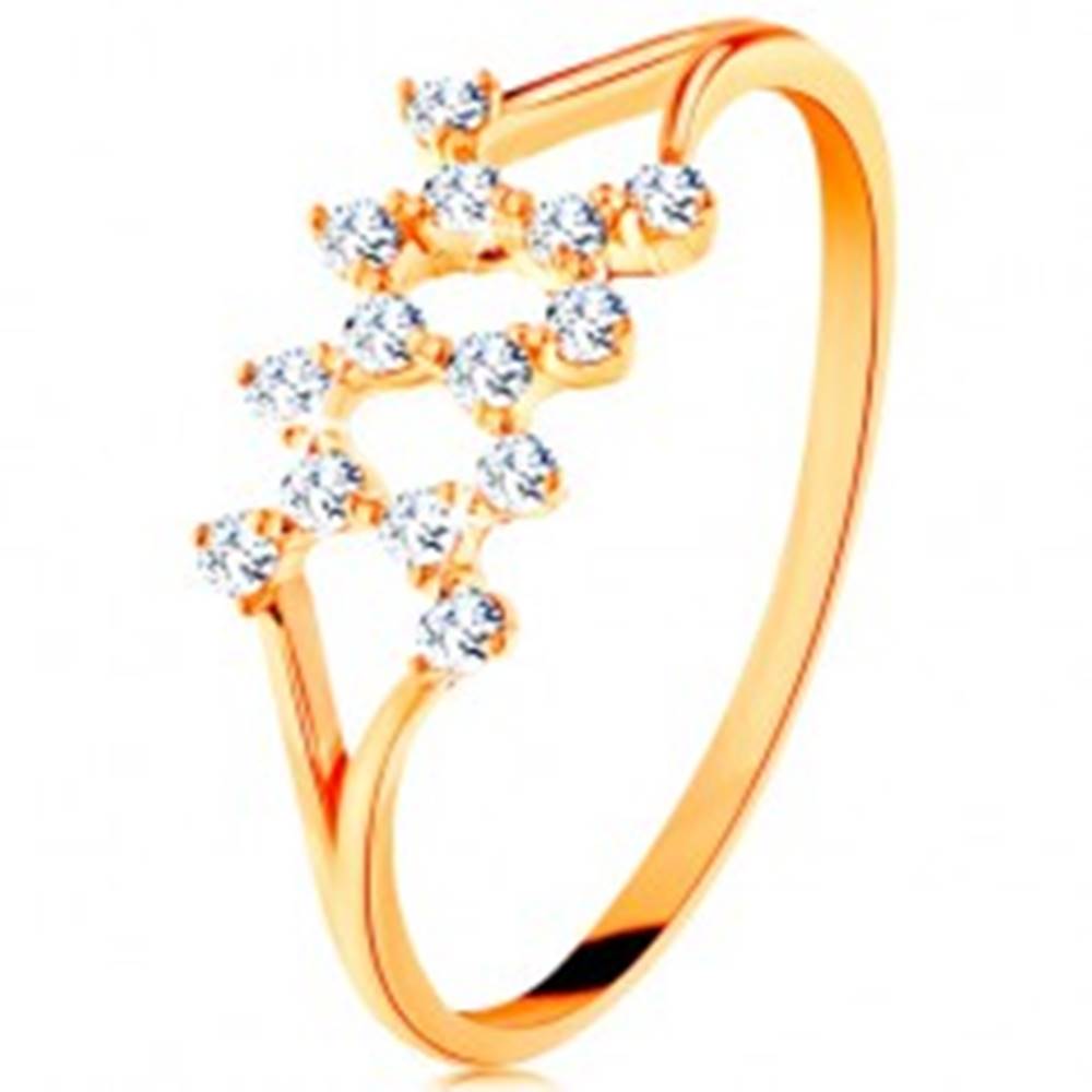 Šperky eshop Zlatý prsteň 585 - rozdelené zahnuté ramená, cik-cak vzor zo zirkónov - Veľkosť: 49 mm