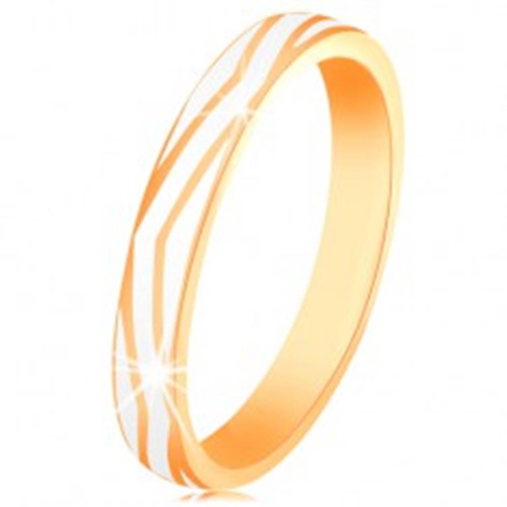 Šperky eshop Zlatý prsteň 585 - zvlnené pásy z lesklej bielej glazúry, hladký povrch - Veľkosť: 53 mm